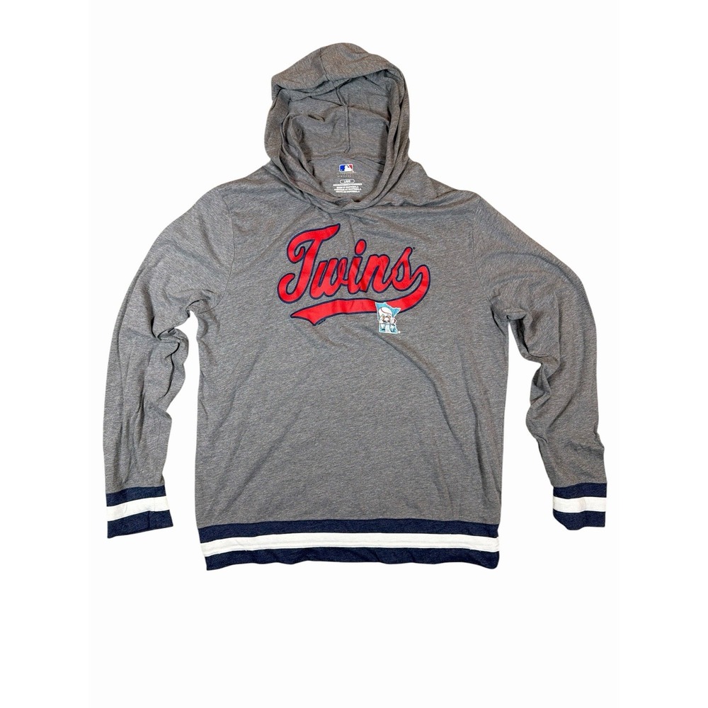 Minnesota Twins Hoodie Mens L Gray MLB Lightweight Hooded Long Sleeve T Shirt